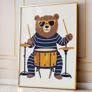 Retro Drum Bear Print | Cool Animal Wall Art for Boys Room | Playful Nursery Music Poster | Digital Kids Art Download