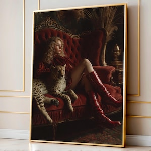 Elegant Woman Cheetah Art, Red Boots Velvet Couch Print, Luxe Glam Illustration, Fashion Chic Wall Decor for Bold Interiors
