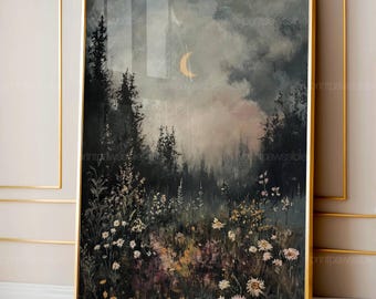 Dunkler, stimmungsvoller Kunstdruck mit Blumenfeld, Cottagecore-Wildblumenlandschaft (Digitaler Download)