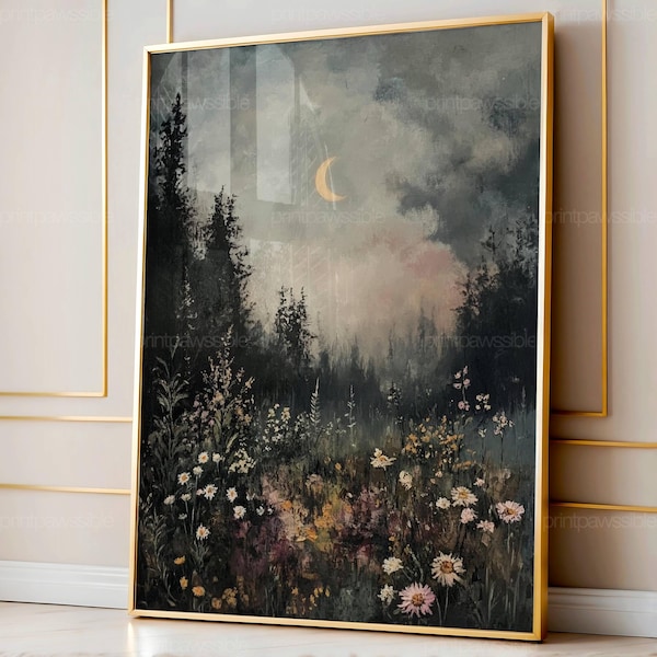 Illustration florale sombre et mystérieuse, paysage champêtre champêtre (Téléchargement numérique)