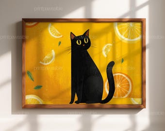 座っている黒猫と柑橘類のプリント – モダンな黄色のデジタルポスター – ミニマルなイラストのウォールアート