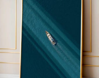 Yacht Wall Art, Aerial Sailing Print with Single Boat, Minimalist Luxury Nautical Poster, Abstract Blue Ocean Decor
