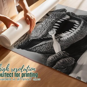 May include: A black and white image of a dinosaur brushing its teeth with a toothbrush. The dinosaur's mouth is open wide, showing its teeth. The toothbrush is in the dinosaur's hand.
