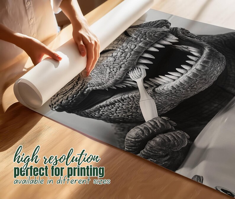 May include: A black and white image of a dinosaur brushing its teeth with a toothbrush. The dinosaur's mouth is open wide, showing its teeth. The toothbrush is in the dinosaur's hand.