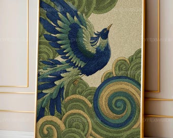 Japanese Phoenix Bird Art, Mystical Woodblock Poster, Asian Cloud Sky Print, Elegant Green Blue Wall Decor