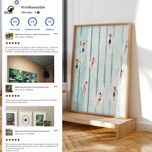 Cute Summer Poster, Tiny Swimmers in Pool Print, Vertical Swimming Pool Print, Minimalist Wall Art, Beach House Decor, Digital Download image 2
