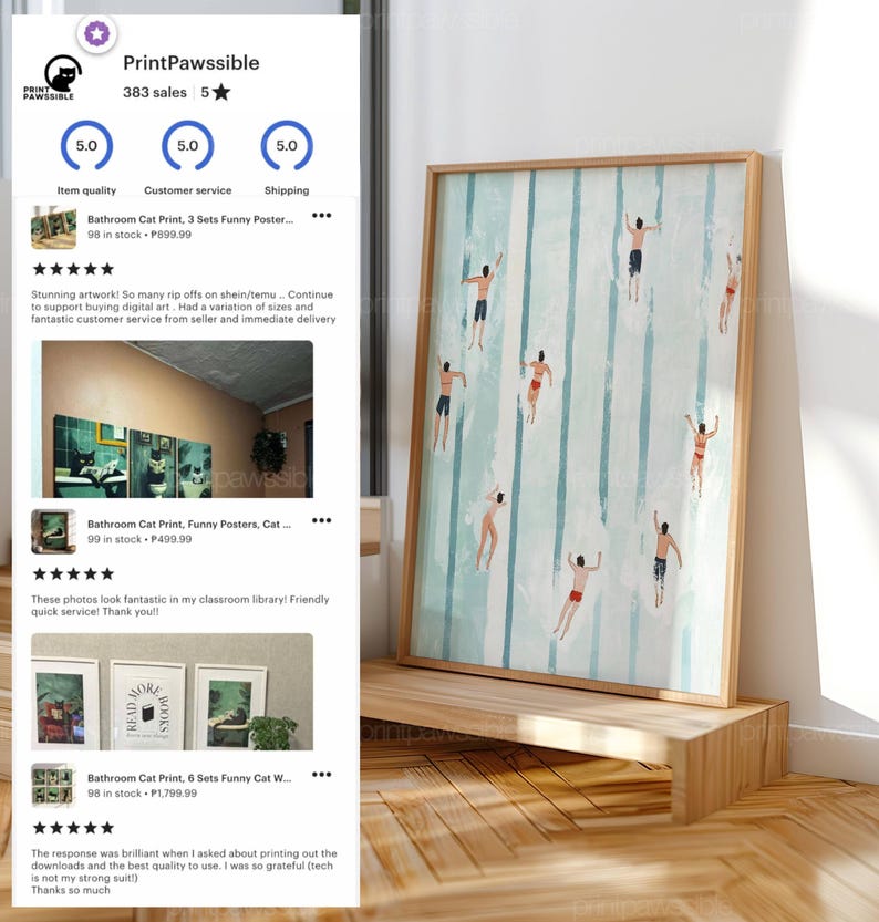 Cute Summer Poster, Tiny Swimmers in Pool Print, Vertical Swimming Pool Print, Minimalist Wall Art, Beach House Decor, Digital Download image 2