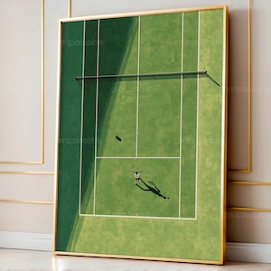 Tennis Wall Art, Aerial Court Print with Single Player, Minimalist Luxury Sports Illustration, Modern Green Tennis Decor