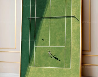 Tennis Wall Art, Aerial Court Print with Single Player, Minimalist Luxury Sports Illustration, Modern Green Tennis Decor