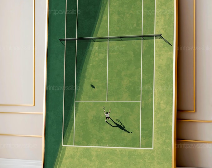 Tennis Wall Art, Aerial Court Print with Single Player, Minimalist Luxury Sports Illustration, Modern Green Tennis Decor
