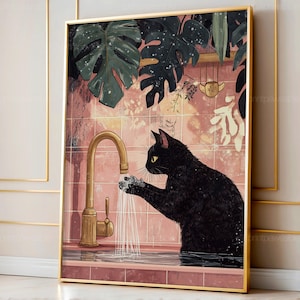 Stampa divertente per il bagno con gatto, Lavati le zampe in rosa, Decorazione esilarante con gatto nero, Download digitale di decorazioni murali con gatto, Poster umoristico per il bagno stampabile