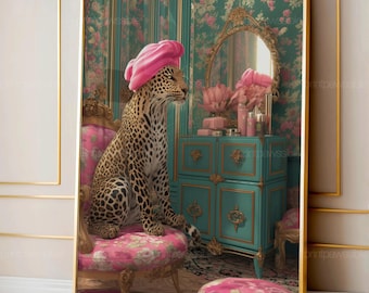 Glamouröser Leoparden-Salondruck, Mädchenhafte Badezimmer-Wandkunst, Schicke Dschungeltier-Deko, Digitaler Download, Druckbares Leopardenposter