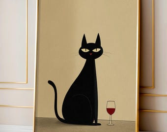 Elegant Wine Cat Wall Art | Black Cat Wine Poster | Minimalist Cat Illustration | Cozy Kitchen Bar Decor | Digital Download Print