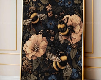 Vintage Bee Wall Art Digital Print, Cottagecore Canvas Decor, Farmhouse Botanical Gift, Dark Academia, Bee Lovers Mid Century Style