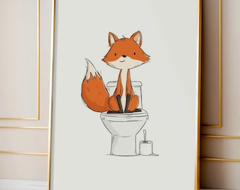Divertido póster de zorro para el baño / Póster de animal con papel higiénico / Decoración imprimible de zorro adorable / Obra de arte digital para el baño infantil