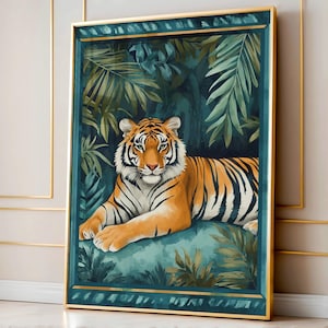 Lounging Tiger Jungle Art Tropical Animal Wall Print Safari Decor Jungle Botanical Tiger Poster for Jungle Nursery or Tropical Gallery Wall