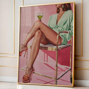 Barwagen vrouw glamoureuze kunst, loungehouding met cocktail, roze fluwelen muurschilderij, trendy vrouwelijke muurkunst, vintage bardecor