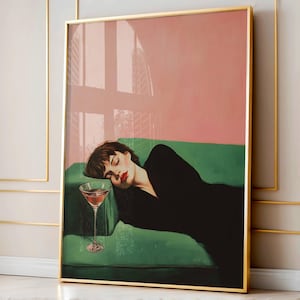 ソファに座る女性、マティーニ カクテル アート、ソフト トーンの油絵、美的油絵、バー カートの装飾、トレンディなキッチンの壁、カクテル アート