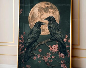 Gothic Raven Couple Print, Dark Forest Romantic Crow Wall Art, Mystical Bird Illustration, Digital Download, Printable Gothic Raven Poster