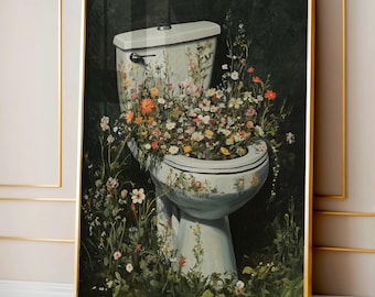 Botanical Toilet, Dark Green Bathroom Decor, Floral Bath Wall Art, Vintage Flowers Painting, Moody Wildflowers Cottagecore Digital Artwork