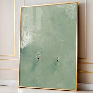 Arte digital de hombre y mujer flotando en la piscina, arte de pared de pareja nadando en la piscina, lindo póster de verano, piscina verde claro, decoración de casa de playa