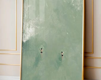 Man And Woman Floating In Pool Digital Art, Couple Swimming Pool Wall Art, Cute Summer Poster, Light Green Pool, Beach House Decor