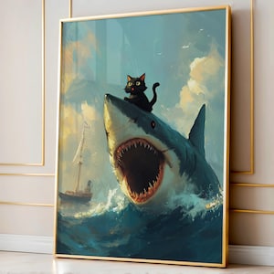 Cat Riding a Shark Wall Art, Funny Cat Poster, Victorian Painting, Funny Altered Eclectic Art Print, Kitchen Bathroom Wall Decor, Gift Idea