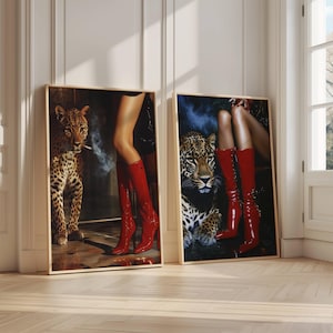 Set of 2 Trendy Red Boots Print Retro Leopard Poster High Fashion Poster Hypebeast Aesthetics Luxurious Wall Art Chic Designer Poster Bundle