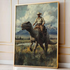 Funny Dinosaur Cowboy Print, Vintage Animal Western Art, Digital Download Dinosaur Poster, Printable Jurassic Wall Decor, Gift for Him