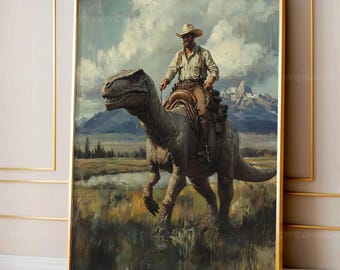 Funny Dinosaur Cowboy Print, Vintage Animal Western Art, Digital Download Dinosaur Poster, Printable Jurassic Wall Decor, Gift for Him