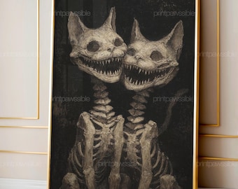 Weirdcore tweekoppige kat print, griezelige gotische horror muurkunst, donker surrealistisch macaber schilderij, griezelige enge kat woondecoratie