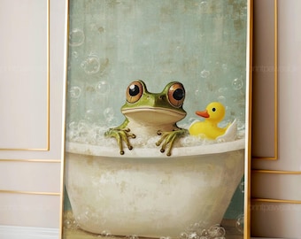 Frog in Bathtub Art Print, Funny Frog Bathroom Wall Decor, Retro Frog Bubble Bath Poster, Cute Digital Bathroom Download