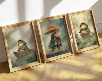 Set of 3 Whimsical Cottagecore Frog Art Bundle | Vintage Frog Wall Decor Printable Animal Nature Art Funny Frog Digital Download