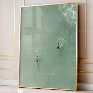Väggkonst för par i poolen, man och kvinna som flyter i poolen digital konst, söt sommarposter, ljusgrön pool, strandhusdekor