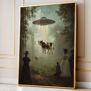 UFO Wall Art, Victorian Landscape, Funny Altered Art Print, Eclectic Alien Abduction, Digital Art, Funny Wall Decor for Home or Office