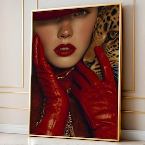 Red Gloves Fashion Print, Retro Leopard Poster, High Fashion Chic Wall Art, Designer Luxury Aesthetic Poster, Hypebeast Style Decor