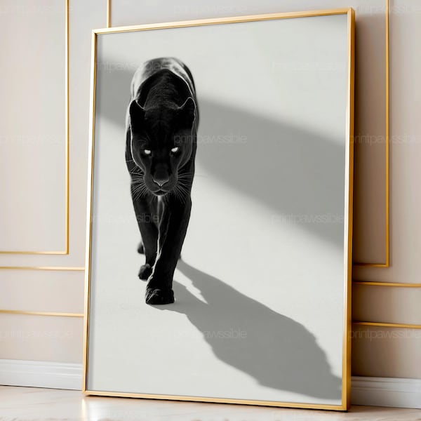 Art de panthère noir et blanc, impression de chat sauvage monochrome, décoration murale minimaliste de luxe animal de la jungle, affiche numérique de mode pour la maison