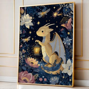 Lantern Dragon Art Print, Whimsical Cottagecore Nursery Decor, Fantasy Dragon Wall Art, Cute Magical Creature Poster, Digital Download