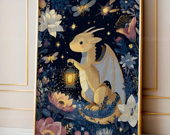 Lantern Dragon Art Print, Whimsical Cottagecore Nursery Decor, Fantasy Dragon Wall Art, Cute Magical Creature Poster, Digital Download