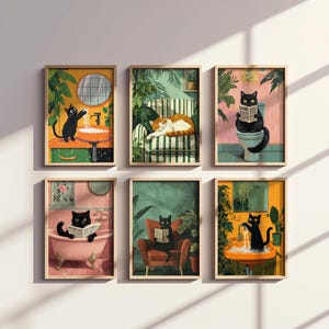 Funny Cat Wall Art Bundle of 6, Cute Animal Bathroom Photo Print Set, Cat on Toilet, Bath, Bathtub, Reading Sleeping Cat, Printable AI Art