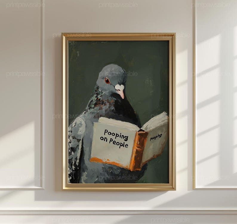 Funny Pigeon Art, Pooping on People Bird Print, Quirky Bathroom Wall Decor, Pigeon Reading Book Poster, Humorous Digital Download image 3
