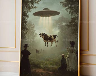 Funny Alien Abduction Art Print: Victorian UFO Landscape (Digital Download
