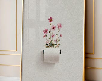 Tissue Holder Flower Print, Watercolor Funny Bathroom Art, Minimalist Toilet Wall Decor, Pink Floral Botanical Digital Download