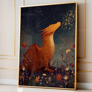 May include: A framed art print featuring an orange dragon gazing at a constellation of stars. The dragon is in a field of colorful wildflowers. The background is a dark blue night sky with constellations.