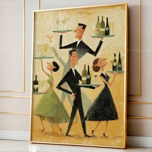 Retro servitörer som serverar champagnekonst | Vintage vinbaraffisch | Lekfullt firande väggtryck | Nyckfull matdekor