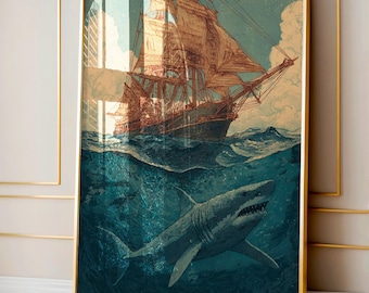Vintage Shark Ship Poster, Nautical Ocean Wall Print, Retro Maritime Artwork, Sailing Ship And Sea Creature Illustration
