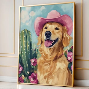 Cowgirl Golden Retriever Print, Preppy Dog Art, Dog in Cowboy Hat, Pink Golden Retriever Cowgirl Art, Western Girly Decor Wall Art Decor