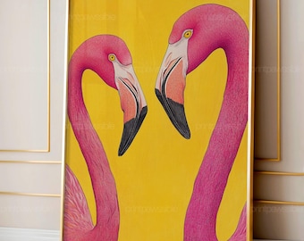 May include: Framed art print featuring two pink flamingos facing each other against a bright yellow background. The birds have black beaks, pink feathers, and yellow eyes. The artwork is in a gold frame.