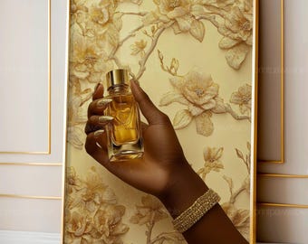 Arte de chicas negras, decoración de mujeres negras, arte mural de perfumes, arte negro de lujo, arte glamuroso dorado, lámina mural femenina, decoración de belleza moderna