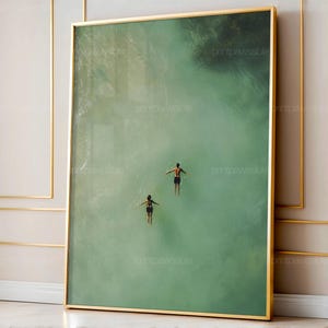 Man And Woman Reaching Toward Each Other Pool Art, Aerial View Couple Digital Print, Light Green Summer Beach House Wall Decor